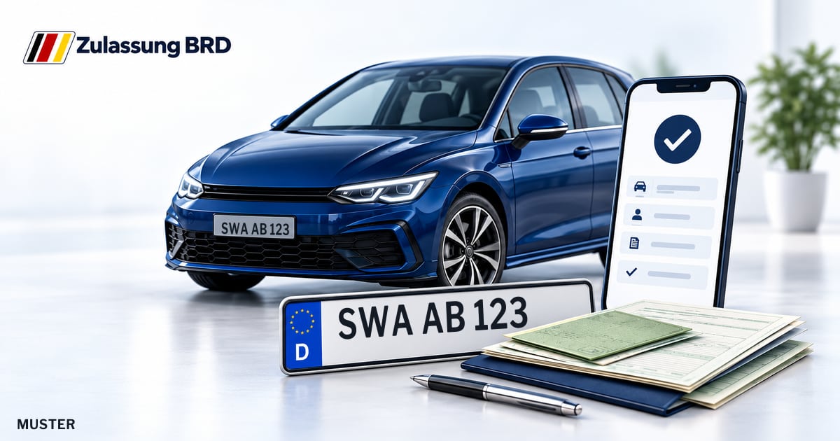 Online Fahrzeugzulassung in Aarbergen: Musterkennzeichen SWA AB 123, Auto und Fahrzeugpapiere und Smartphone. Illustration mit Logo von Zulassung BRD.